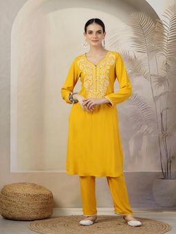 Nayam by lakshita - Yellow Embroidered A-Line Kurta and Pants (Set of 2)