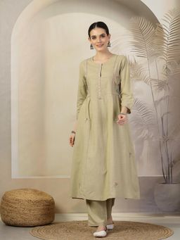 Nayam by lakshita - Embroidered A-Line Cotton Linen Kurta and Pants (Set of 2)