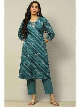 Rangriti - Teal Blue Cotton Straight Printed Kurta and Pants (Set of 2)