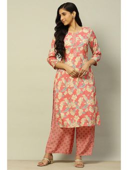 Rangriti - Peach Viscose Blend Straight Printed Kurta and Palazzo (Set of 2)