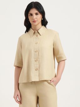 United Colors of Benetton - Beige Regular Fit Spread Collar Solid Shirt