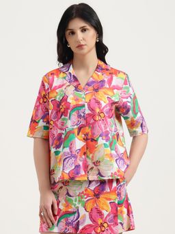 United Colors of Benetton - Multi-Color Cuban Collar Floral Printed Shirt