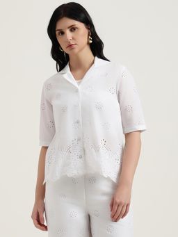 United Colors of Benetton - White Cuban Collar Schiffli Shirt