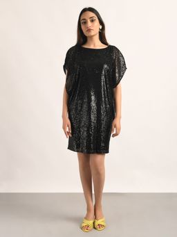 Attic Salt - Black Sequined Sequins Cape Dress