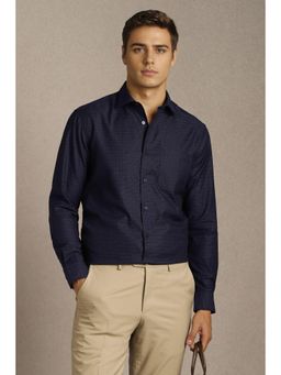 Louis Philippe - Men Navy Blue Self Design Full Sleeves Formal Shirt