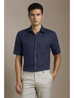 Louis Philippe - Men Navy Blue Solid Half Sleeves Formal Shirt