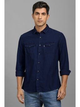 Louis Philippe - Men Navy Blue Solid Full Sleeves Casual Shirt
