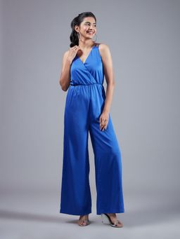 Twenty Dresses by Nykaa Fashion - Cobalt Blue Solid Embellished Double Strap Wide Leg Jumpsuit