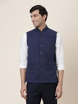 Fabindia - Navy Blue Cotton Woven Nehru Jacket