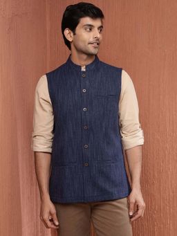 Fabindia - Navy Blue Wool Woven Nehru Jacket