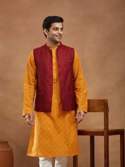 Fabindia - Maroon Viscose Blend Butta Nehru Jacket