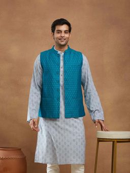 Fabindia - Teal Viscose Blend Butta Nehru Jacket