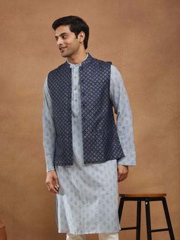 Fabindia - Navy Blue Silk Hand Block Print Nehru Jacket