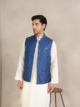 Fabindia - Blue Viscose Silk Hand Block Printed Nehru Jacket