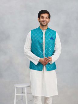 Fabindia - Turquoise Viscose Silk Hand Block Printed Nehru Jacket