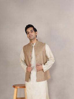 Fabindia - Beige Viscose Silk Hand Block Printed Nehru Jacket