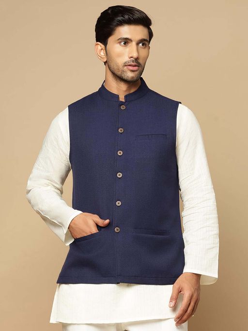 Fabindia Navy Blue Cotton Dobby Nehru Jacket
