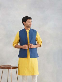 Fabindia - Blue Cotton Dobby Nehru Jacket