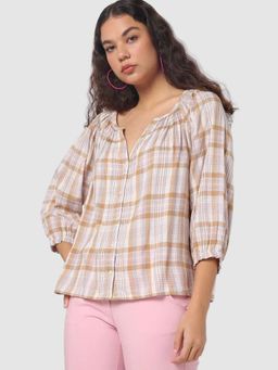 GAP - Women's Beige Relaxed Check Puff Sleeve Shirt Top