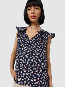 GAP - Women's Navy Blue Regular Fit Floral Ruffle Detail V-Neck Top