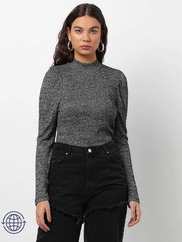 GAP - Women's Charcoal Melange Puff Sleeve High-Neck Top