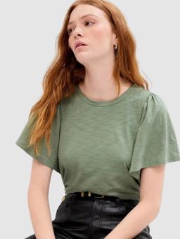 GAP - Women's Green Relaxed Melange Round Neck Flared Top