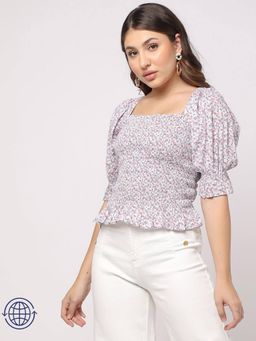 GAP - Women's Multi-Colour Slim Floral Printed Square Neck Puff Crop Top