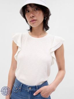 GAP - Women's Off White Slim Ruffle Round Neck Flutter Top