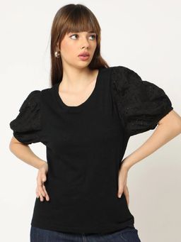 GAP - Women's Black Relaxed Puff Sleeve Round Neck Top