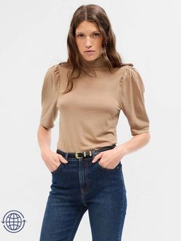 GAP - Women's Brown Slim High-Neck Puff Sleeve Top