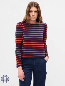 GAP - Women's Red Relaxed Horizontal Striped Boat Neck Top