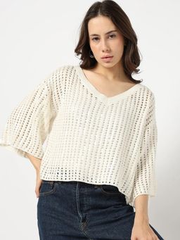 GAP - Women's White Cut-Work Print Loose Fit Top
