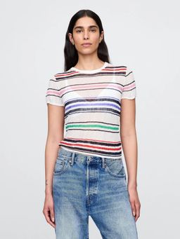 GAP - Women's Off White Striped Regular Fit Round Neck Top