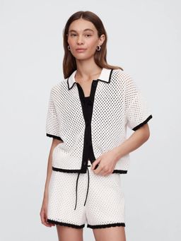 GAP - Women's White Crochet Spread Collar Shirt-Style Top