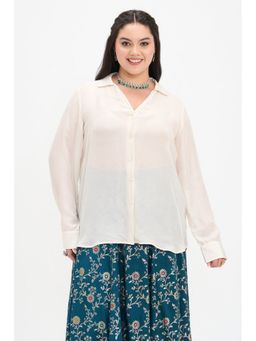 Virgio - Off White Solid Viscose Collar Neck Full Sleeves Shirt Style Crop Top