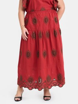 Virgio - Red Solid Cotton Schiffli Maxi Skirt