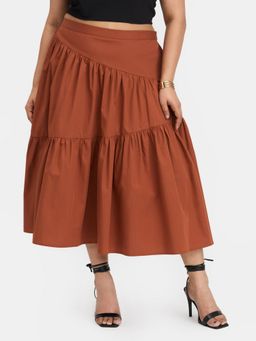 Virgio - Brown Solid Cotton Tiered Midi Skirt