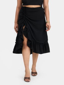 Virgio - Black Solid Georgette Ruffled Midi Skirt