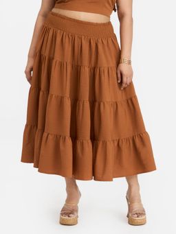 Virgio - Brown Solid Bubble Crepe Tiered Boho Midi Skirt