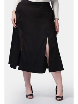Virgio - Black Solid Cotton Satin Midi Skirt