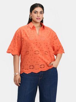 Virgio - Orange Embroidered Cotton Schiffli Collar Neck Half Sleeves Top