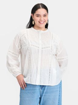 Virgio - White Embroidered Cotton Mandarin Neck Puff Sleeves Shirt Style Top