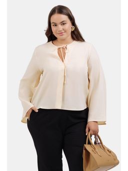 Virgio - Cream Solid Crepe Flared Full Sleeves Front Tie-Up Detail Top