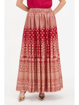 Virgio - Red Viscose Gathered Maxi Skirt
