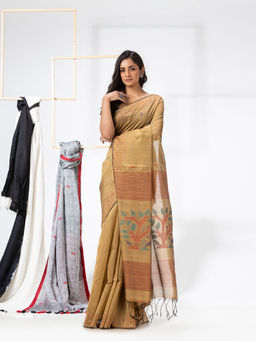Angoshobha - Tan Cotton Blended Festive Jamdani Saree with Unstitched Blouse