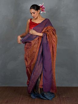 Chidiyaa - Chase Light Violet and Rust Handwoven Linen Saree with Unstitched Blouse