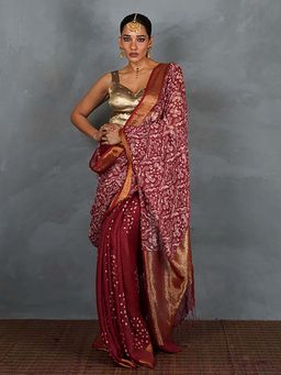 Chidiyaa - Urvi Maroon Handblock Linen Saree with Unstitched Blouse
