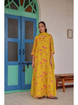 Vaayu - Yellow Canary Bloom Embroidered Anarkali Kurta and Dupatta