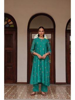 Vaayu - Turquoise Bloom Embroidered Kurta and Pant