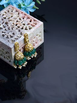 Dugran By Dugristyle - Green and Gold Jhumkas Earring with Kundan & American Diamonds